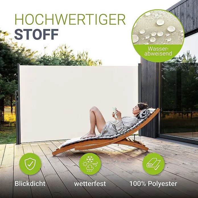 Juskys Klemmmarkise - beige, Breite: 5 m, Ausfall: 5 m - Hellbeiger Seitenmarkise aus wetterfestem, wasserabweisendem Polyestergewebe, bietet Sichtschutz auf der Terrasse.