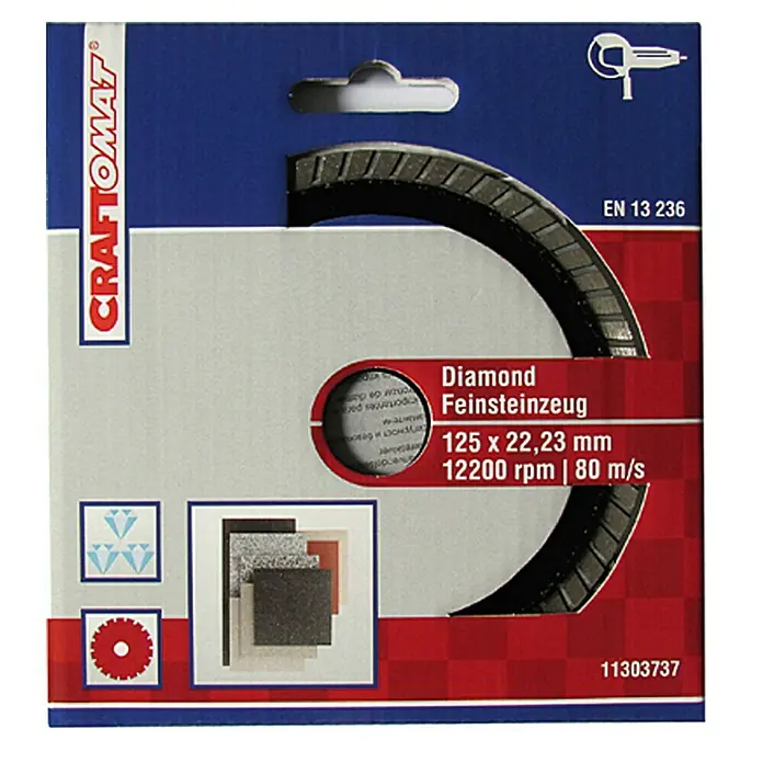 Craftomat Disco de corte Express - Diámetro: 125 mm, Orificio: 22,23 mm - Imagen de un disco de corte de gres fino diamante Craftomat de 125 x 22,23 mm y una velocidad máxima de 12200 rpm.