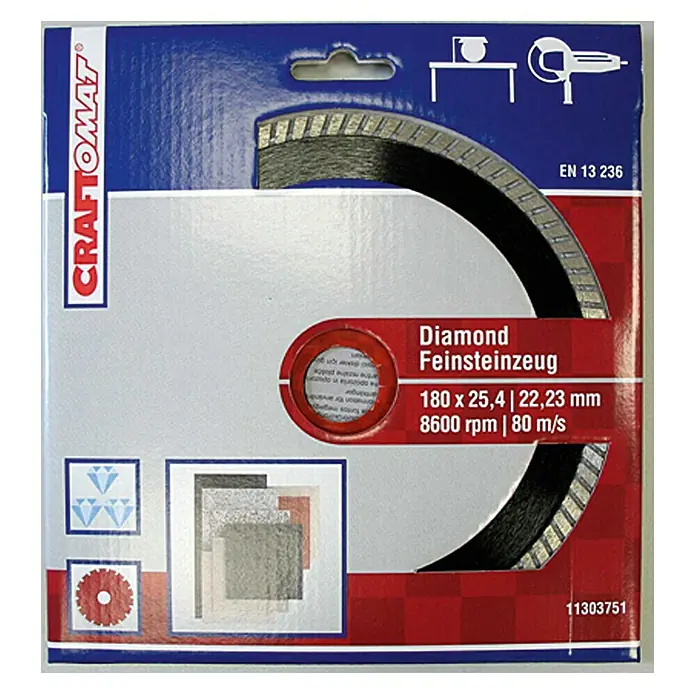 Craftomat Diamant-Trennscheibe - Feinsteinzeug, Durchmesser Scheibe: 180 mm, Stärke Scheibe: 2 mm - Produktbild einer Craftomat Diamanttrennscheibe zum Schneiden von Feinsteinzeug mit 180 mm Durchmesser.