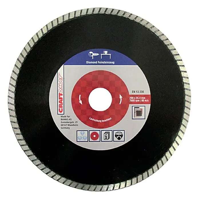 Craftomat Disco de corte Express - Diámetro: 200 mm, Orificio: 25,4 mm - La imagen muestra un disco de corte de diamante CRAFTOMAT, especializado para gres porcelánico, con información del fabricante y normas de seguridad.