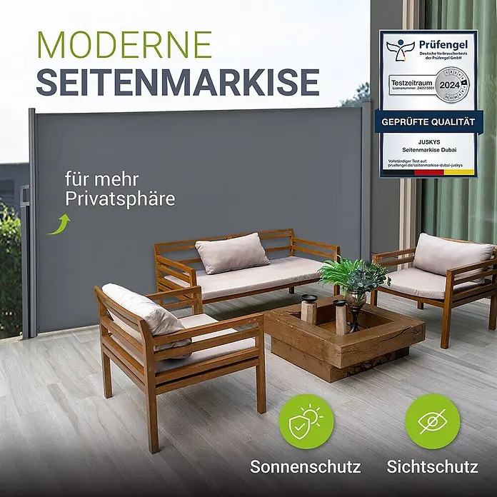 Seitenmarkise Dubai 300 x 160 cm dunkelgrau -  - Graue moderne Seitenmarkise auf einer Terrasse, die Sicht- und Sonnenschutz für Sitzgelegenheiten im Freien bietet.
