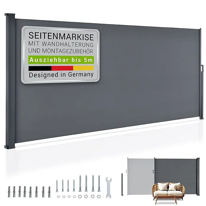 Juskys Klemmmarkise - grau, Breite: 5 m, Ausfall: 5 m - Graue Seitenmarkise (5m ausziehbar). Inkl. Wandhalterung & Montagezubehör. Designed in Germany.