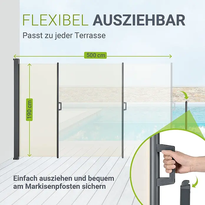 Seitenmarkise Dubai 500 x 190 cm beige -  - Ausziehbare Seitenmarkise (190x500 cm) in Beige mit dunkelgrauem Rahmen, am Pool ausgezogen. Zeigt Befestigung am Pfosten.