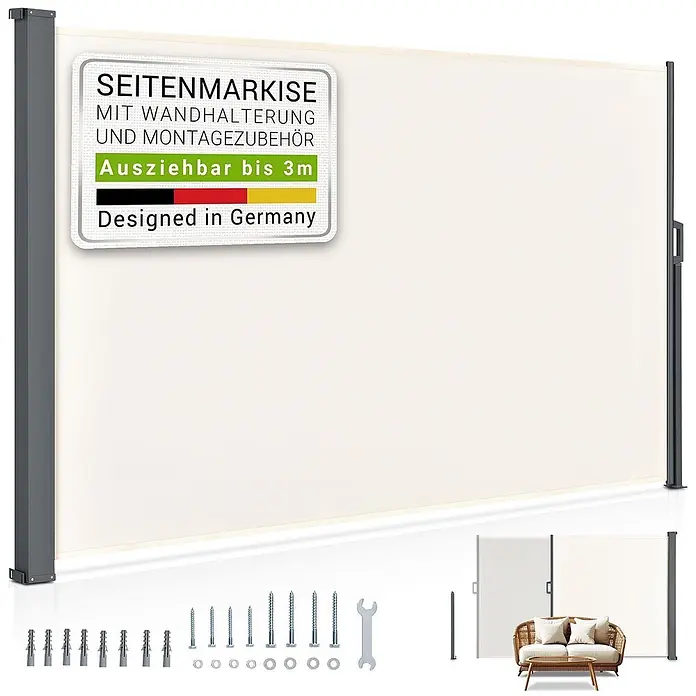 Juskys Klemmmarkise - beige, Breite: 3 m, Ausfall: 3 m - Cremefarbene ausziehbare Seitenmarkise mit dunkelgrauem Gestell, inklusive Wandhalterung und Montagezubehör. Ausziehbar bis 3m.
