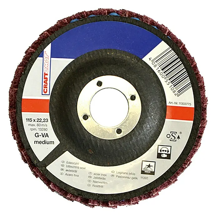 Craftomat Disco laminado G-VA Medium - Diámetro: 115 mm, Orificio: 22,23 mm - Disco de láminas CRAFTOMAT, 115 x 22,23 mm, máx. 80 m/s, velocidad 13280, G-VA medio, para acero inoxidable, acero, Inox.