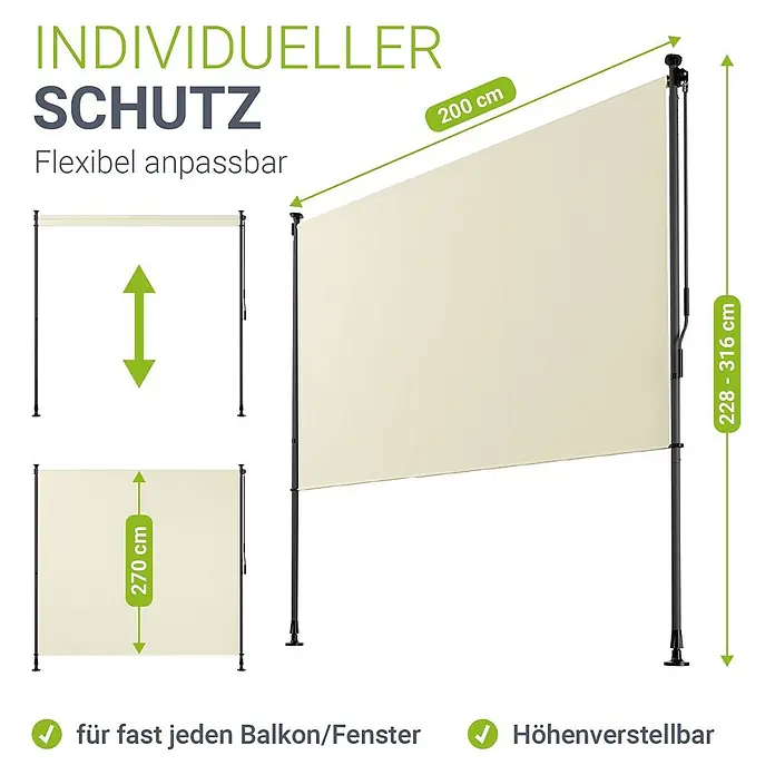 Senkrechtmarkise Barbados 200x310 cm - Beige -  - Cremefarbener, ausziehbarer Sichtschutz mit schwarzen verstellbaren Stangen, Maße 200 cm Breite, 228-316 cm Höhe.