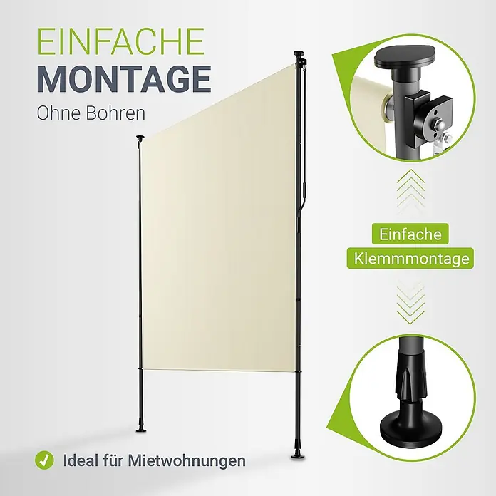 Senkrechtmarkise Barbados 200x310 cm - Beige -  - Beiger Sichtschutz mit schwarzen Teleskopstangen, bohrfreie Klemmmontage, ideal für Mietwohnungen.
