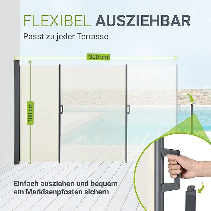 Juskys Klemmmarkise - beige, Breite: 3 m, Ausfall: 3 m - Ausziehbare Seitenmarkise (180x300 cm) in hellem Stoff mit dunklem Rahmen, auf Terrasse am Pool als Sichtschutz.