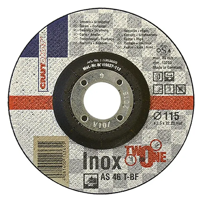 Craftomat Disco de corte AS 46T-BF Two in One - Diámetro del disco: 115 milímetros (mm) - Imagen de un disco de corte Craftomat Inox AS 46 T-BF, diámetro 115 mm, ideal para el procesamiento y las tareas de corte de metales.