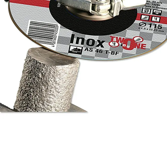 Craftomat Disco de corte AS 46T-BF Two in One - Diámetro del disco: 115 milímetros (mm) - La imagen muestra un disco de corte Inox AS 46 T-BF, de dimensiones 115 x 2,5 x 22,23 mm, ideal para acero inoxidable.