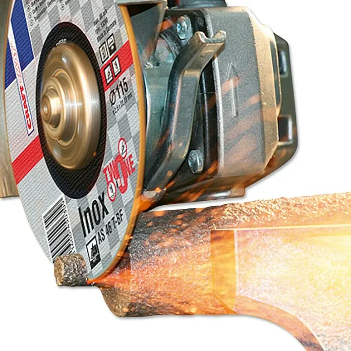 Craftomat Disco de corte AS 46T-BF Two in One - Diámetro del disco: 115 milímetros (mm) - Amoladora angular "Inox TWO ONE" cortando metal, saltan chispas. Ideal para trabajos de metal precisos con disco duradero.
