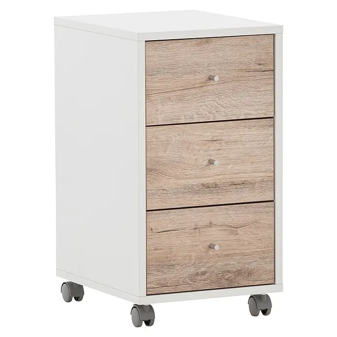Schildmeyer Serie 400 Rollcontainer - L x B x H: 39,1 x 32,6 x 59,7 cm, Weiß/Eiche - Weißer Rollcontainer mit 3 Schubladen in heller Holzoptik und silbernen Griffen, perfekt für Büro oder Zuhause.