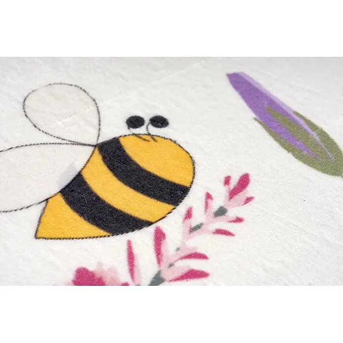 Kayoom Kinderteppich Wonder 134 - Bunt, 230 x 160 cm, 100 % Polyester - Weicher Stoff mit gelb-schwarzer Biene und rosa-lila Blumendesigns.