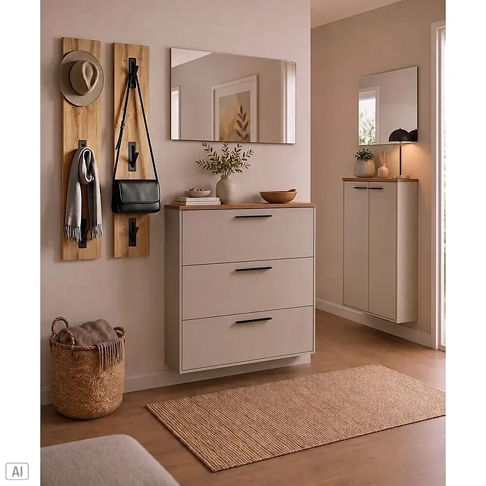 Schildmeyer Saga Spiegel - B x H: 50 x 99,5 cm - Helles graues Schuhschrank mit drei Schubladen, Holzplatte und schwarzen Griffen, bietet praktische Stauraum im Eingangsbereich.