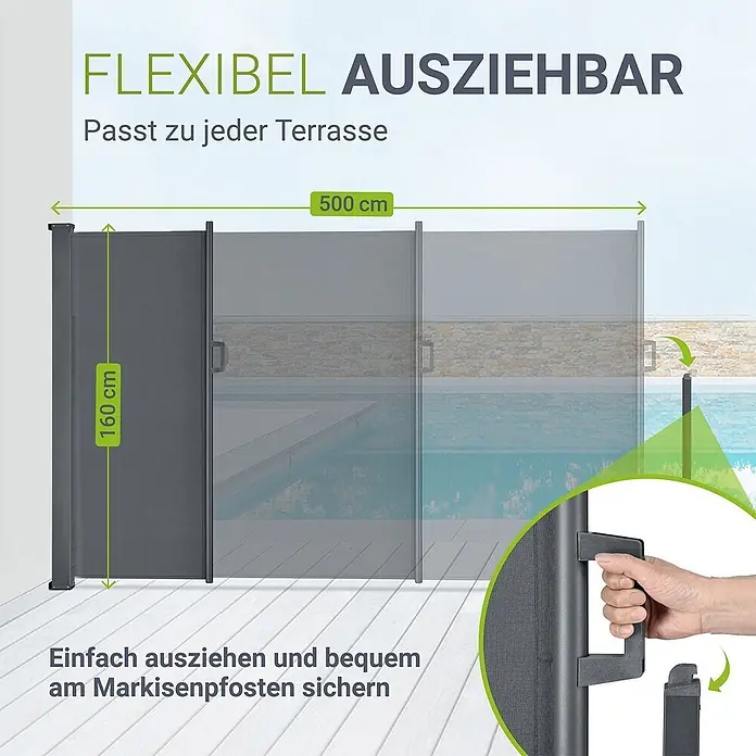 Juskys Klemmmarkise - grau, Breite: 5 m, Ausfall: 5 m - Graue ausziehbare Seitenmarkise, 160x500 cm, auf einer Terrasse am Pool ausgefahren, mit Hervorhebung der Befestigung.