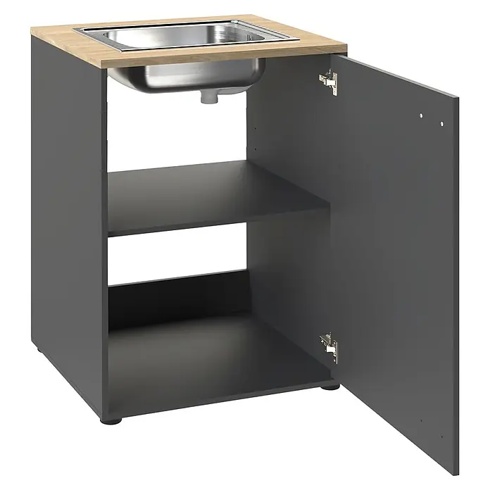 Schildmeyer Solea Spülenunterschrank - L x B x H: 60 x 67,1 x 95,8 cm, Anthrazit/Eiche Hell - Dunkelgrauer Spülbeckenunterschrank mit heller Holzplatte und Edelstahlspüle. Die Tür ist offen und zeigt zwei Einlegeböden.