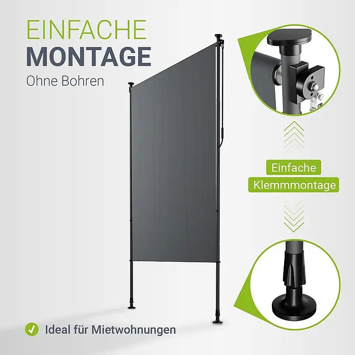 Juskys Klemmmarkise - grau, Breite: 1,5 m, Ausfall: 3,1 m - Grauer, bohrfreier Seitenrollladen mit Klemmmontage, ideal für Mietwohnungen.
