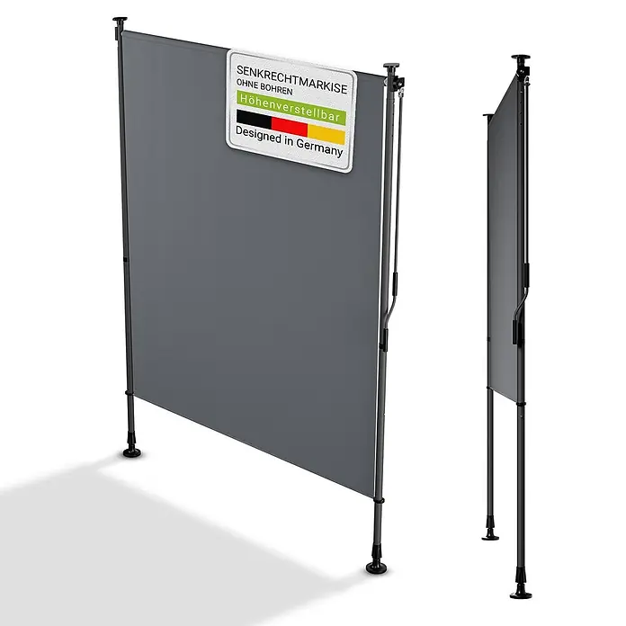 Juskys Klemmmarkise - grau, Breite: 1,5 m, Ausfall: 3,1 m - Graue höhenverstellbare freistehende Vertikalmarkise mit dunklem Gestell.