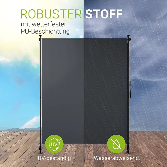 Juskys Klemmmarkise - grau, Breite: 1,5 m, Ausfall: 3,1 m - Dunkelgraue Seitenmarkise aus robustem, wetterfestem Stoff mit PU-Beschichtung, UV-beständig und wasserabweisend.