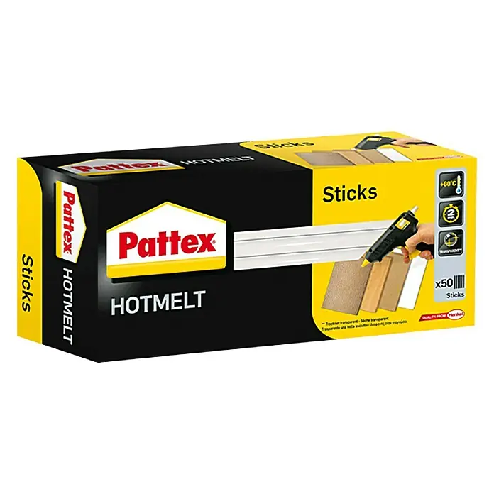 Pattex Klebepatronen - 50 Stk., Durchmesser Klebepatrone: 11 mm - Packung Pattex Hotmelt Sticks, ideal für Heißklebepistolen. Vielseitig einsetzbar für Bastel- und Reparaturarbeiten.