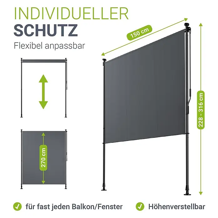 Juskys Klemmmarkise - grau, Breite: 1,5 m, Ausfall: 3,1 m - Grauer, höhenverstellbarer Balkon-Sichtschutz, 150 cm breit, mit variabler Pfostenhöhe (228-316 cm) und 270 cm Tuchhöhe.