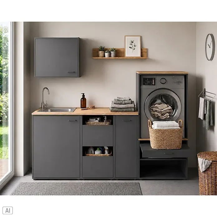 Schildmeyer Solea Spülenunterschrank - L x B x H: 60 x 67,1 x 95,8 cm, Anthrazit/Eiche Hell - Ein moderner Waschraum mit grauen Modulschränken, Holzarbeitsplatten, Spüle und integrierter Waschmaschine.