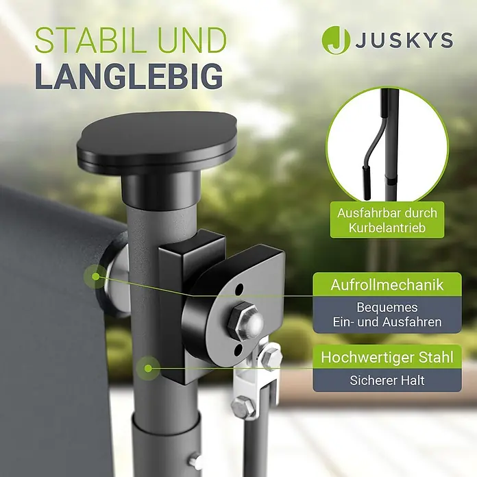 Juskys Klemmmarkise - grau, Breite: 1,5 m, Ausfall: 3,1 m - Nahaufnahme eines dunkelgrauen, ausziehbaren Markisenmechanismus mit Kurbelantrieb und robusten Stahlkomponenten.