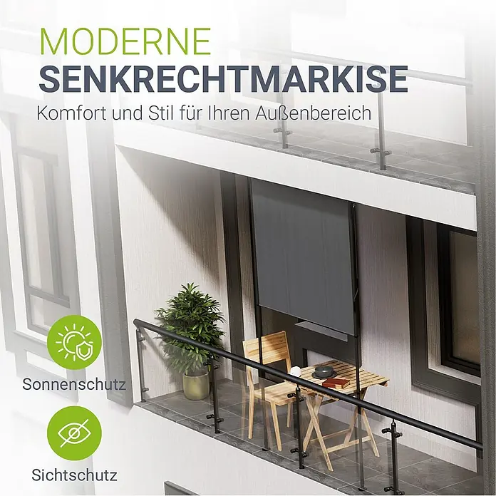 Juskys Klemmmarkise - grau, Breite: 1,5 m, Ausfall: 3,1 m - Dunkelgraue Senkrechtmarkise auf modernem Balkon, bietet Sonnen- und Sichtschutz.