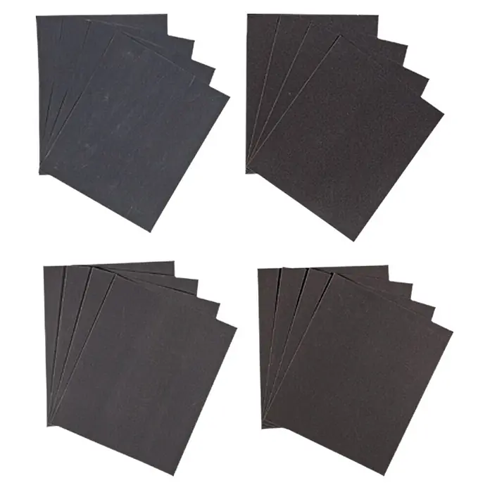 Craftomat Schleifpapier-Set - 16 Stk., Körnung: 280 - Abbildung von vier Stapeln Schleifpapier. Ideal für verschiedene Schleifarbeiten, von Holz bis Metall.