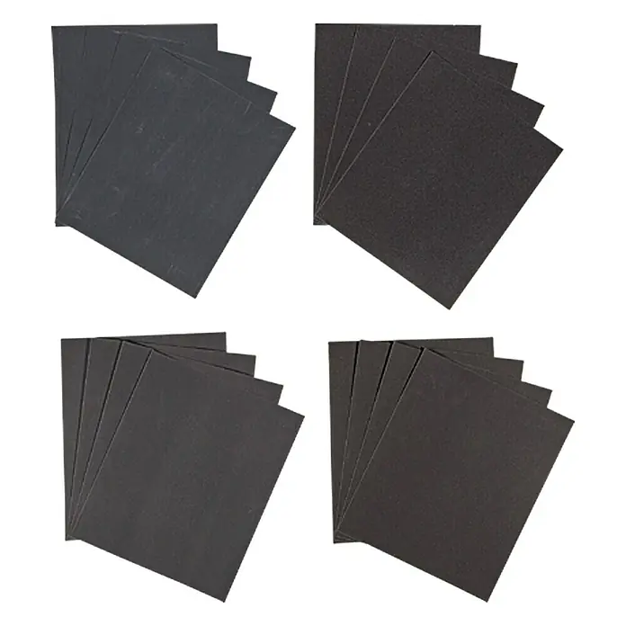 Craftomat Schleifpapier-Set - 16 Stk., Körnung: 280 - Abbildung von vier Stapeln Schleifpapier. Ideal für verschiedene Schleifarbeiten, von Holz bis Metall.