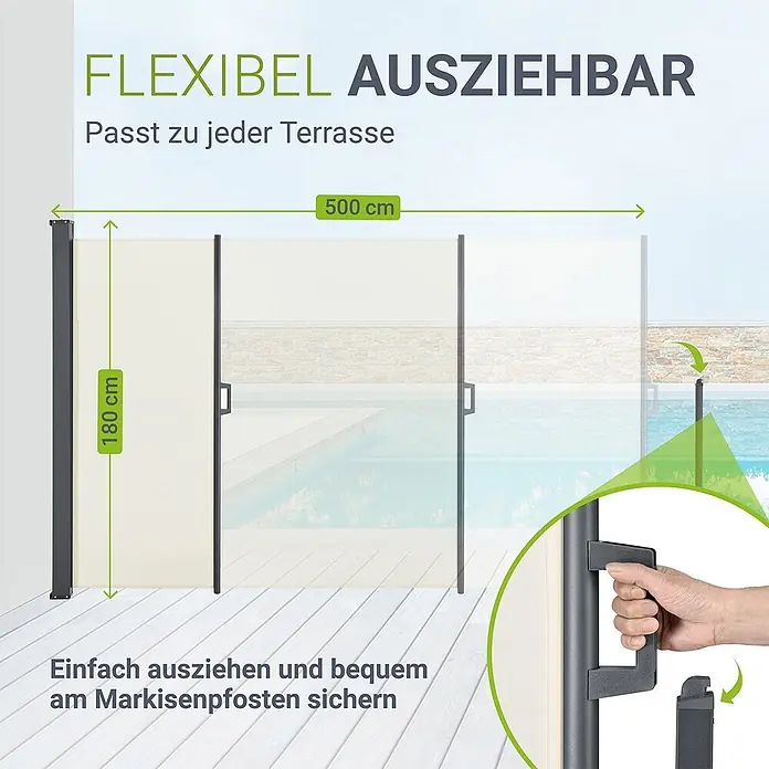 Juskys Klemmmarkise - beige, Breite: 5 m, Ausfall: 5 m - Ausziehbare Seitenmarkise (180x500 cm) in Beige/Grau, für Terrassen, mit Griff und Befestigungspfosten.