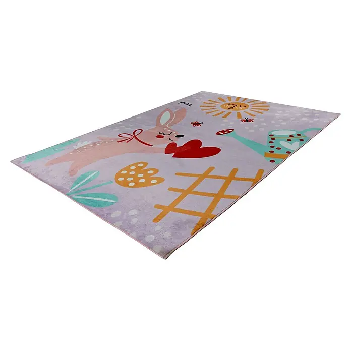 Kayoom Kinderteppich Wonder 131 - Rosa, 230 x 160 cm, 100 % Polyester - Lila Kinderteppich mit Comic-Hase, Sonne, Gießkanne und Blumen.