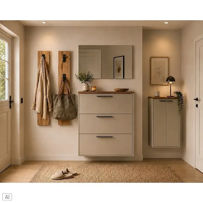 Schildmeyer Saga Spiegel - B x H: 50 x 99,5 cm - Moderner Flur mit hellem beigem Schuhschrank und passendem wandmontierten Stauraum, beide mit Holzplatten und schwarzen Griffen.