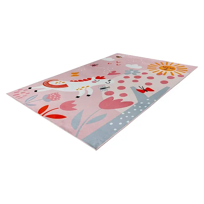 Kayoom Kinderteppich Wonder 126 - Rosa, 160 x 115 cm, 100 % Polyester - Rosa rechteckiger Teppich mit fantasievollem Einhorn-, Sonnen- und Blumenmuster, ideal fürs Kinderzimmer.