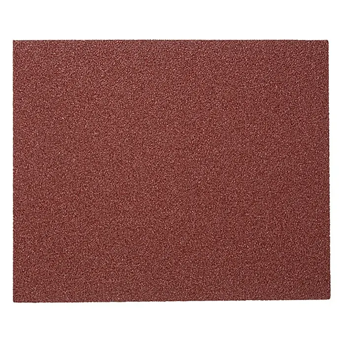 BAUHAUS Schleifpapier Exclusiv - Körnung: 40 - Nahaufnahme eines rechteckigen Schleifpapiers in Rotbraun, das für Schleifarbeiten verwendet wird.