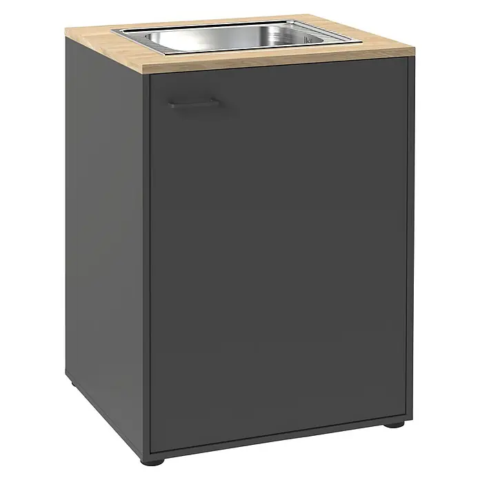 Schildmeyer Solea Spülenunterschrank - L x B x H: 60 x 67,1 x 95,8 cm, Anthrazit/Eiche Hell - Kompakter dunkelgrauer Küchenschrank mit heller Holzplatte und integriertem Edelstahlspülbecken.