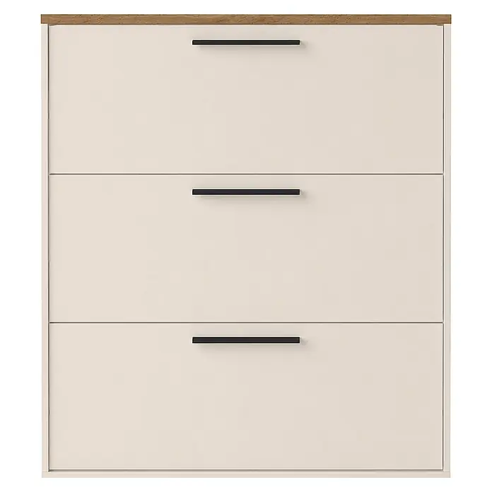 Schildmeyer Saga Schuhregal - L x B x H: 19,5 x 99,5 x 120,9 cm, Creme Beige/Eiche, Anzahl Fächer: 3 Stk. - Cremefarbener Dreischubladenschrank mit heller Holzplatte und schwarzen Griffen.