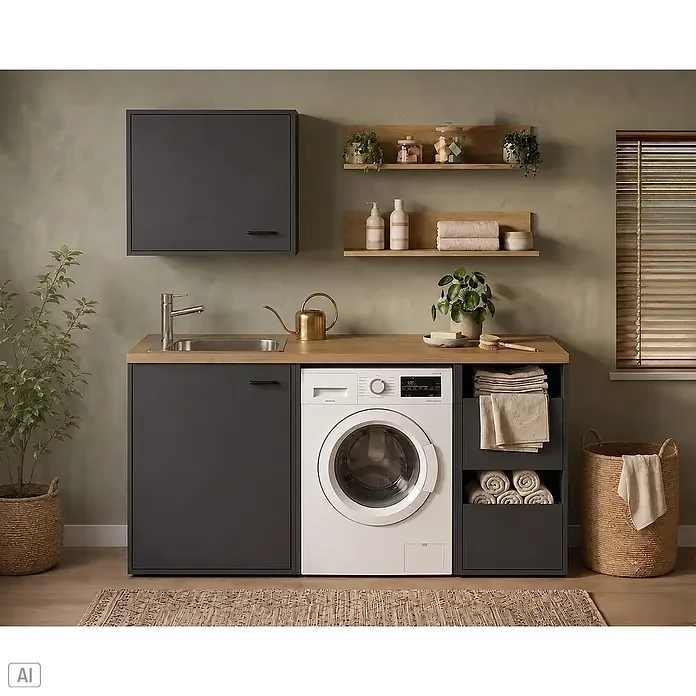 Schildmeyer Solea Spülenunterschrank - L x B x H: 60 x 67,1 x 95,8 cm, Anthrazit/Eiche Hell - Moderner Hauswirtschaftsraum mit dunkelgrauen Schränken, Holzplatte mit Spüle, integrierter Waschmaschine und Holzregalen.