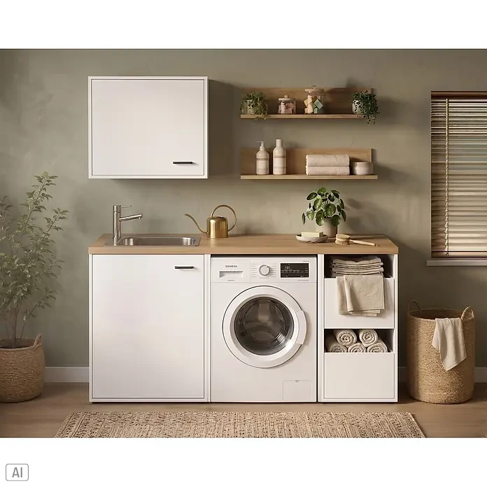 Schildmeyer Solea Spülenunterschrank - L x B x H: 60 x 67,1 x 95,8 cm, Weiß/Eiche - Modernes Waschküchen-Set mit weißen Schränken, Holzplatte mit Spüle, Siemens Waschmaschine und dekorativen Holzregalen.
