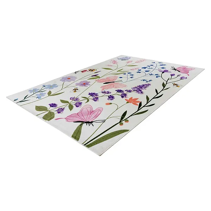 Kayoom Kinderteppich Wonder 134 - Bunt, 230 x 160 cm, 100 % Polyester - Weißer Teppich mit farbenfrohem Blumen-, Schmetterlings- und Bienendesign.
