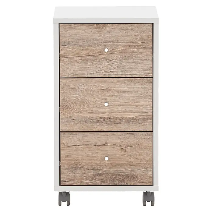 Schildmeyer Serie 400 Rollcontainer - L x B x H: 39,1 x 32,6 x 59,7 cm, Weiß/Eiche - Mobiler Rollcontainer mit drei hellen Holzschubladen und weißem Rahmen.