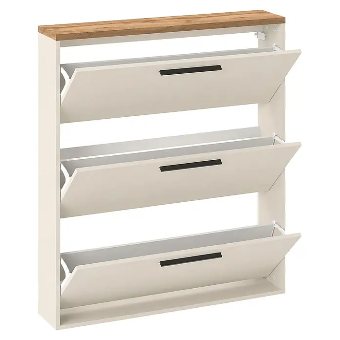 Schildmeyer Saga Schuhregal - L x B x H: 19,5 x 99,5 x 120,9 cm, Creme Beige/Eiche, Anzahl Fächer: 3 Stk. - Heller beiger Schuhschrank mit Holzplatte und drei geöffneten Klappfächern.