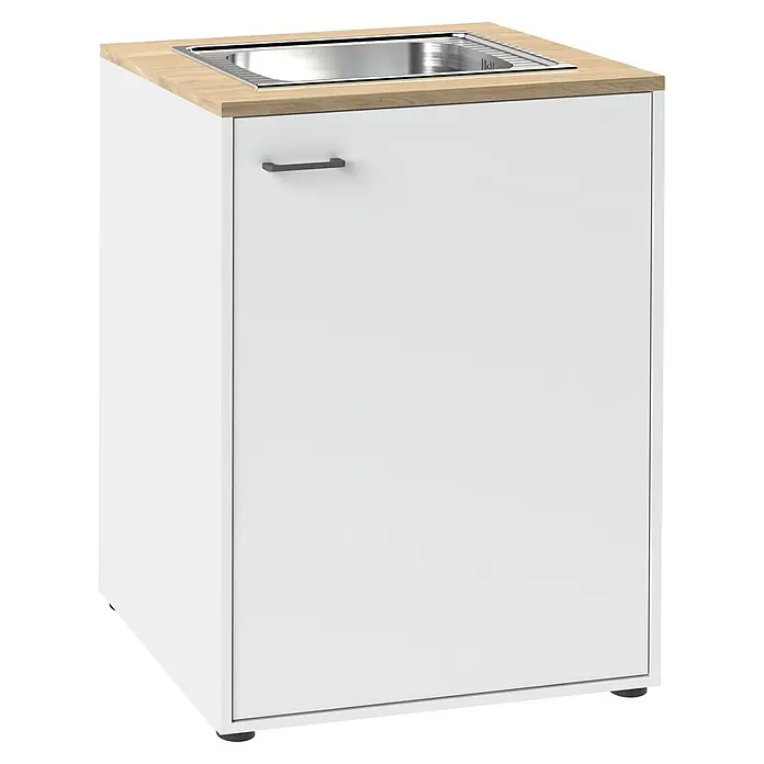 Schildmeyer Solea Spülenunterschrank - L x B x H: 60 x 67,1 x 95,8 cm, Weiß/Eiche - Weißer Unterschrank mit heller Holzplatte und integrierter Edelstahlspüle, mit Griff an der Fronttür.