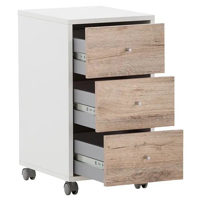 Schildmeyer Serie 400 Rollcontainer - L x B x H: 39,1 x 32,6 x 59,7 cm, Weiß/Eiche - Weißer Rollcontainer mit drei teilweise geöffneten Schubladen in heller Holzoptik, mit grauen Innenseiten und Metallschienen, auf Rollen.