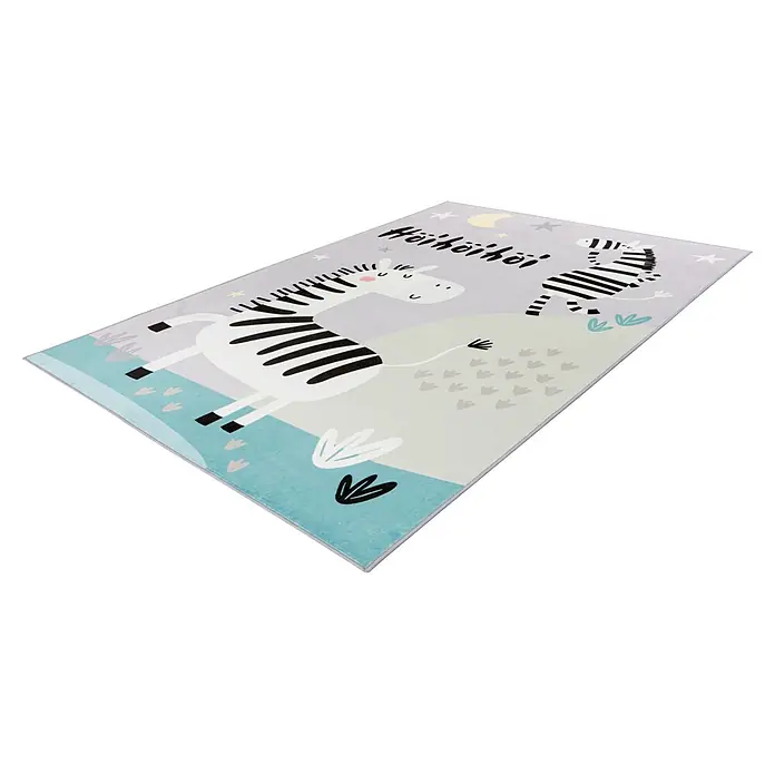 Kayoom Kinderteppich Wonder 128 - Grau, 230 x 160 cm, 100 % Polyester - Rechteckiger Kinderteppich in Hellgrau und Blau mit zwei Zebras und dem Schriftzug „Höihöihöi“.