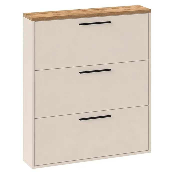 Schildmeyer Saga Schuhregal - L x B x H: 19,5 x 99,5 x 120,9 cm, Creme Beige/Eiche, Anzahl Fächer: 3 Stk. - Dreischübiger Schuhschrank mit hellbeigen Fronten, Holzplatte und schwarzen Griffen.