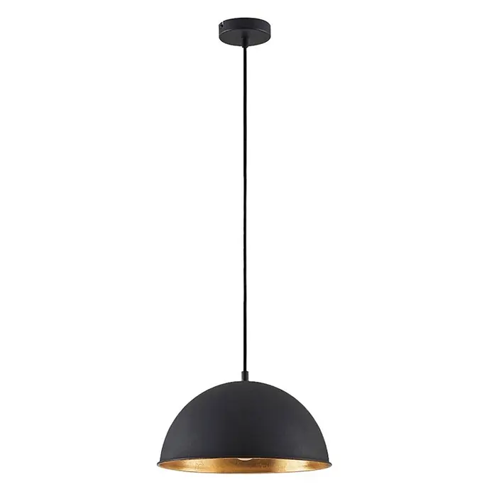 Lindby Pendelleuchte Leya - schwarz, Schwarz, gold, E27 - Mattschwarze Hängeleuchte in Kuppelform mit goldener Innenseite, an schwarzem Kabel.