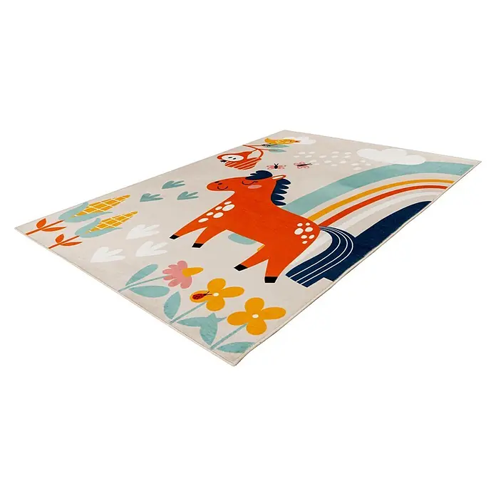 Kayoom Kinderteppich Wonder 132 - Bunt, 230 x 160 cm, 100 % Polyester - Ein cremefarbener Kinderteppich mit verspieltem Design: orangefarbenes Pferd, Regenbogen, Wolken, Mais, Blumen und ein Vogel.