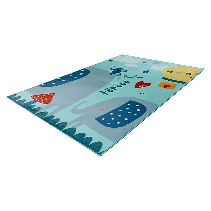 Kayoom Kinderteppich Wonder 130 - Blau, 230 x 160 cm, 100 % Polyester - Rechteckiger Kinderteppich in Hellblau mit Cartoon-Elefant, Heißluftballon, Maus und Pilzmotiven.