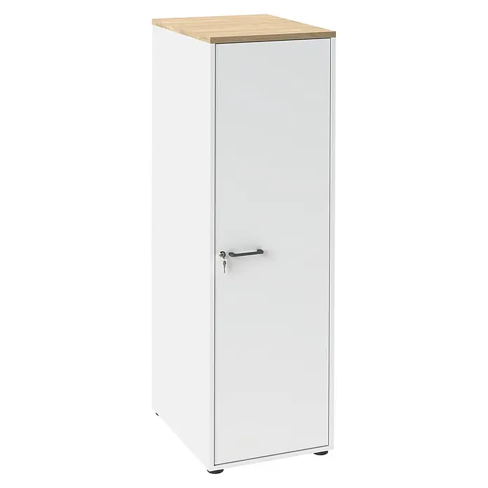 Schildmeyer Solea Hochschrank - L x B x H: 60 x 45,1 x 154,7 cm, Weiß/Eiche - Hoher weißer Schrank mit heller Holzoptik-Platte, dunklem Griff und Schlüssel für sichere Aufbewahrung.
